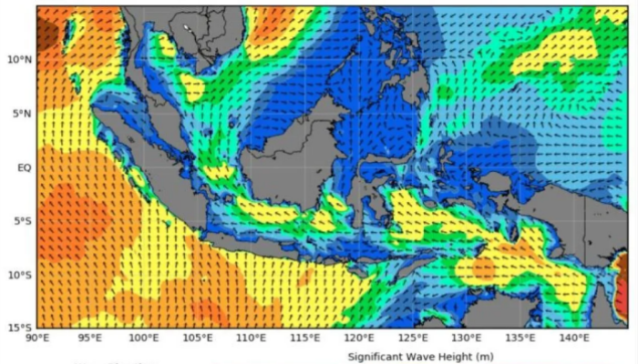 "Badan Meteorologi Klimatologi, dan Geofisika (BMKG) merilis peta potensi gelombang tinggi pada hari Senin, tanggal 11 September 2023.