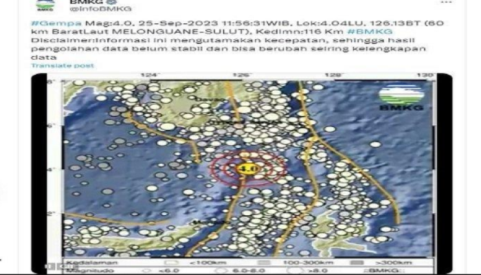 Gempa Hari Ini, Senin 25 September 2023, di Melonguane, Sulawesi Utara dengan Magnitudo 4,0.