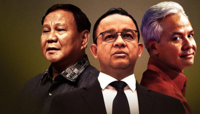 Anies Baswedan, Ganjar Pranowo, dan Prabowo Subianto berbagi pemikiran pribadi atau merenung di hadapan cermin besar yang ditempatkan di atas panggung di kampus UGM.